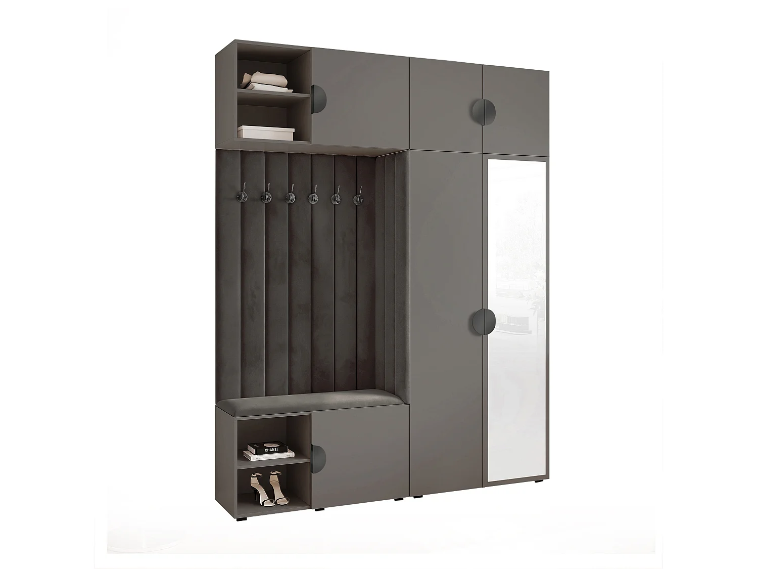 Vestiaire ARIA 4 190 cm Gris Rembourré Anthracite avec Miroir Soft-Close Poignées Moon Noir