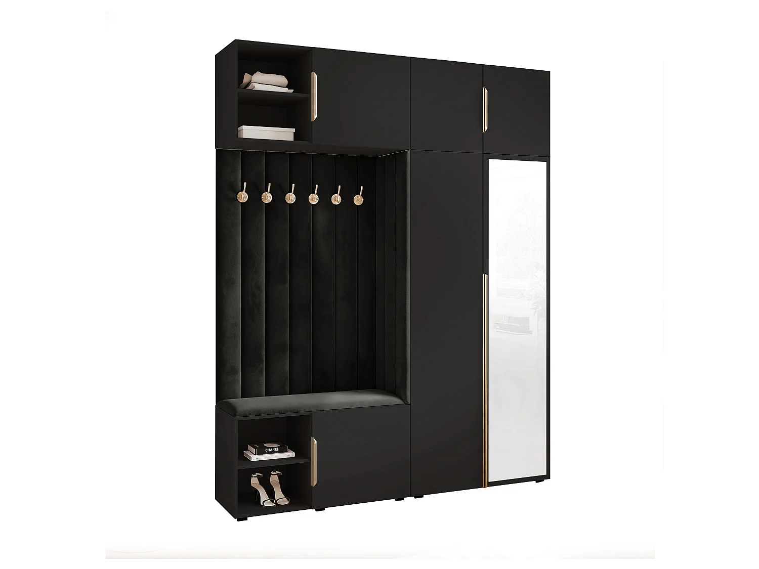 Vestiaire ARIA 4 190 cm Noir Rembourré Noir avec Miroir Soft-Close Poignées Hexa Doré