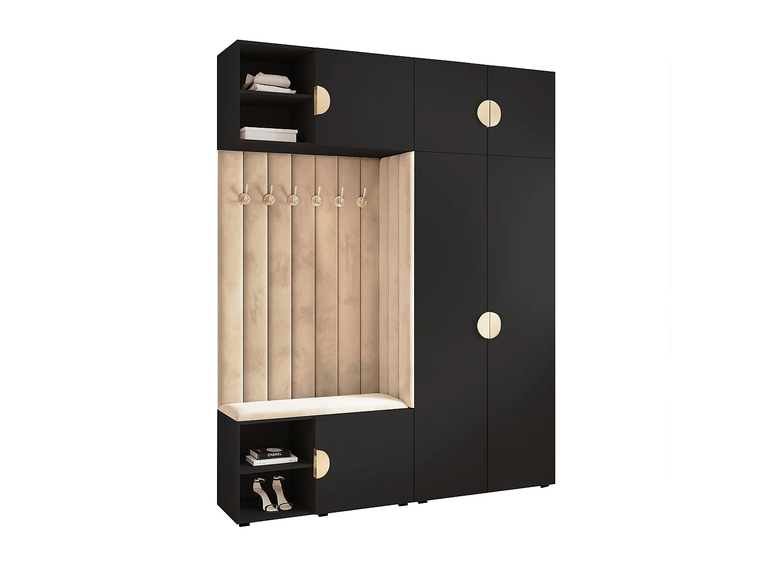 Garderobe Aria 190 cm Schwarz Gepolstert Beige Soft-Close Griffe Gold