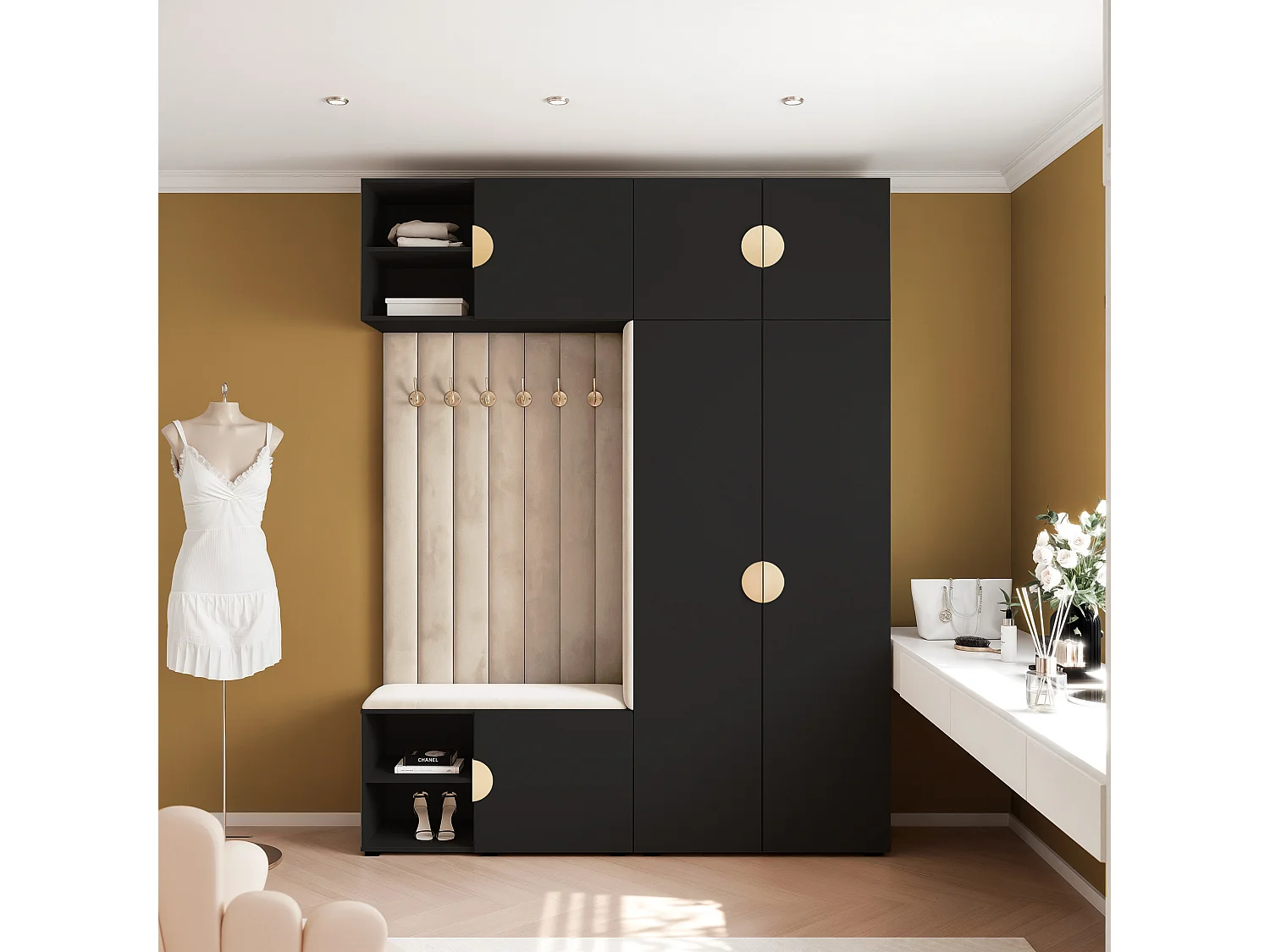 Garderobe Aria 190 cm Schwarz Gepolstert Beige Soft-Close Griffe Gold