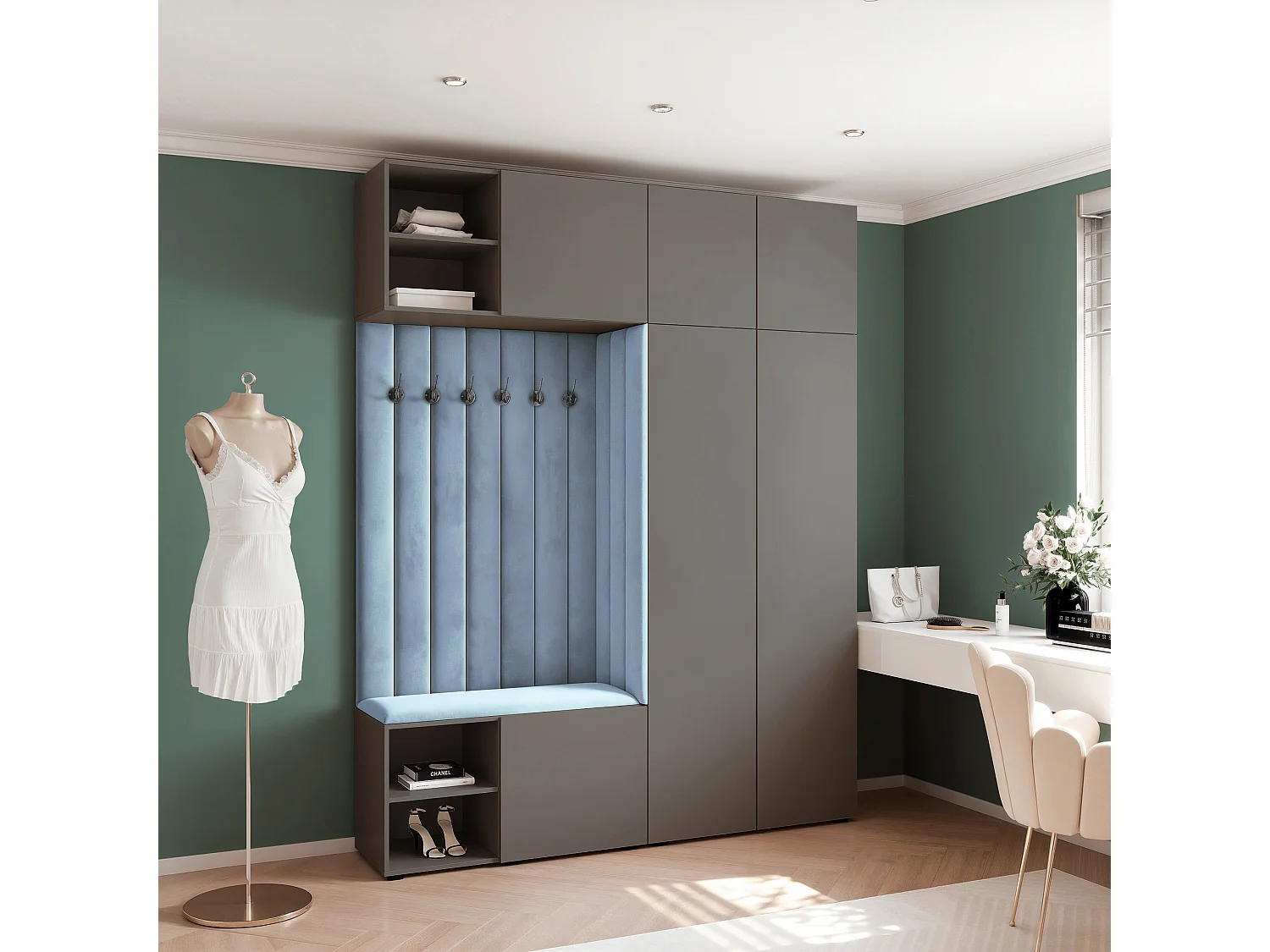 Garderobe Aria 190 cm Grijs Gestoffeerd Lichtblauw Soft-Close Push-to-Open