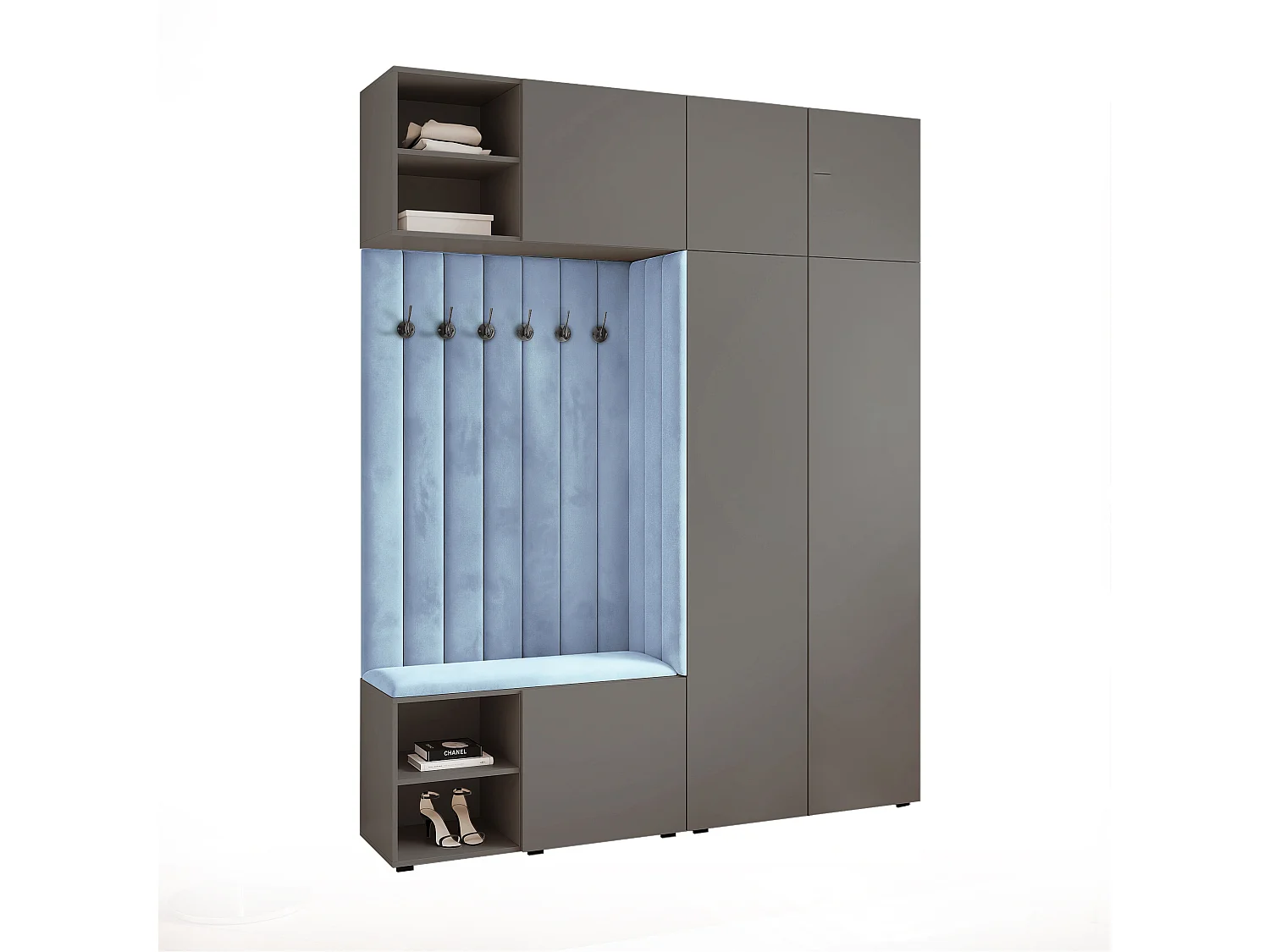 Garderobe Aria 190 cm Grijs Gestoffeerd Lichtblauw Soft-Close Push-to-Open