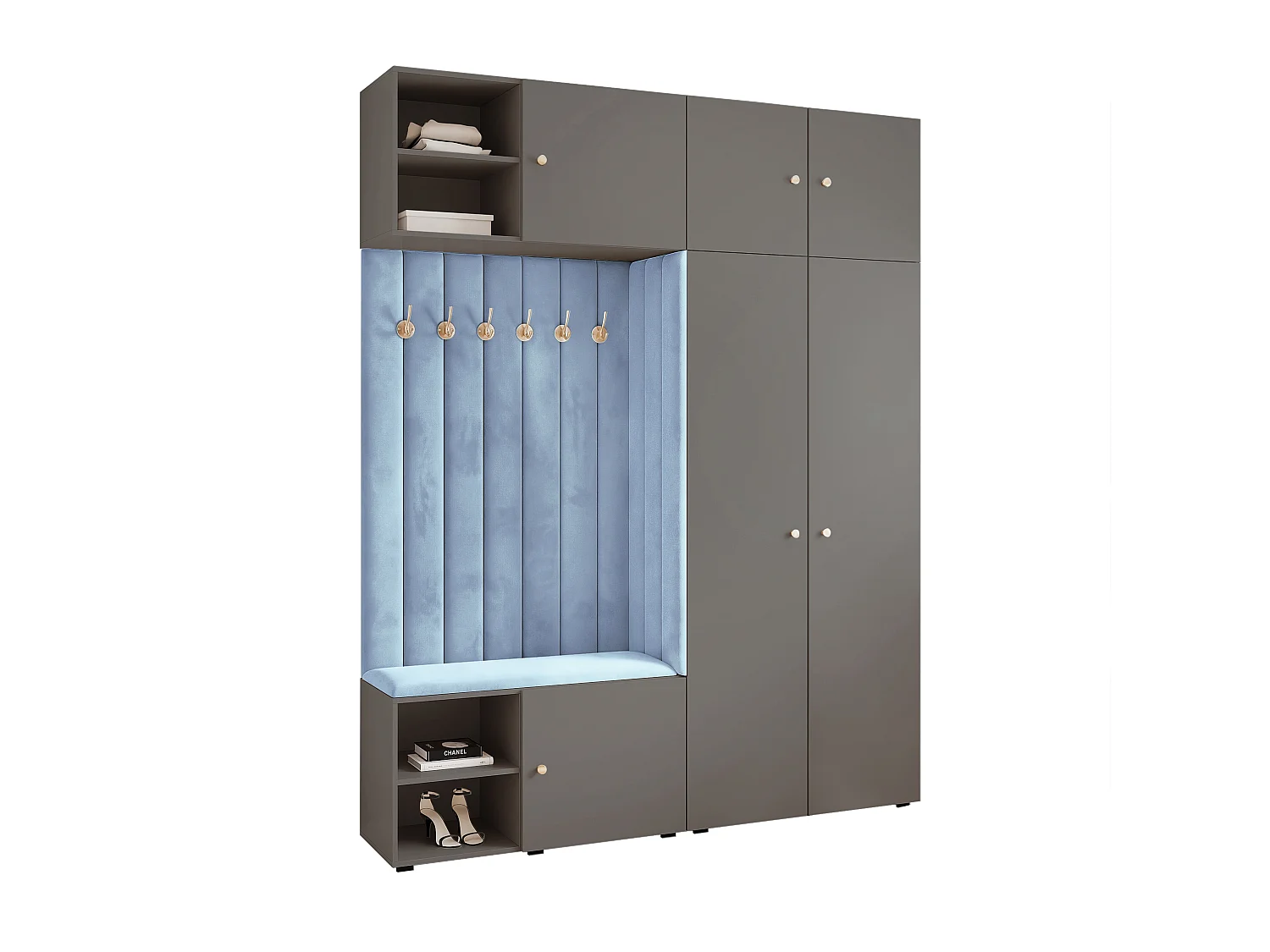 Vestiaire ARIA 4 190 cm Gris Rembourré Bleu Clair Soft-Close Poignées bouton Doré