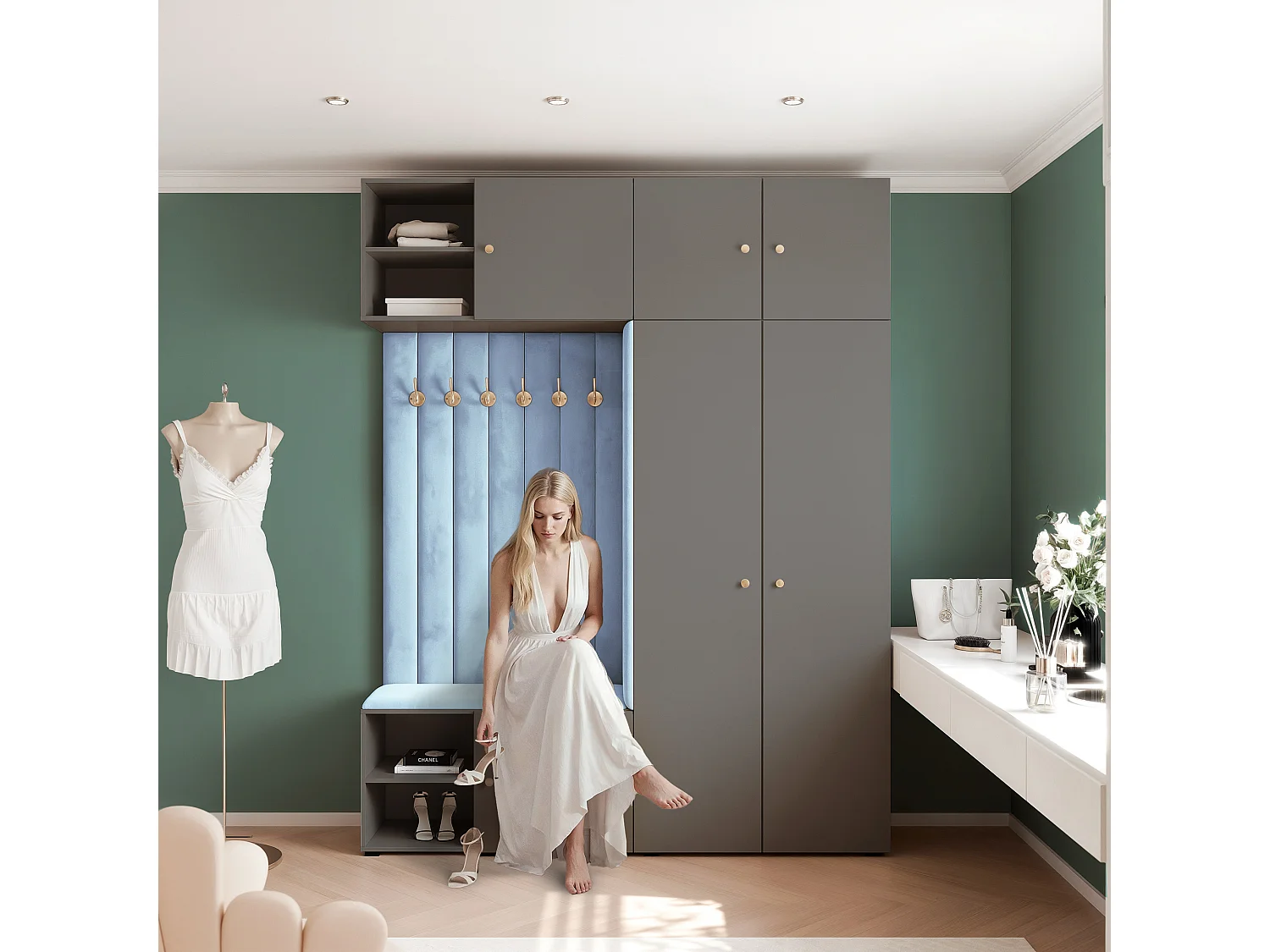 Vestiaire ARIA 4 190 cm Gris Rembourré Bleu Clair Soft-Close Poignées bouton Doré