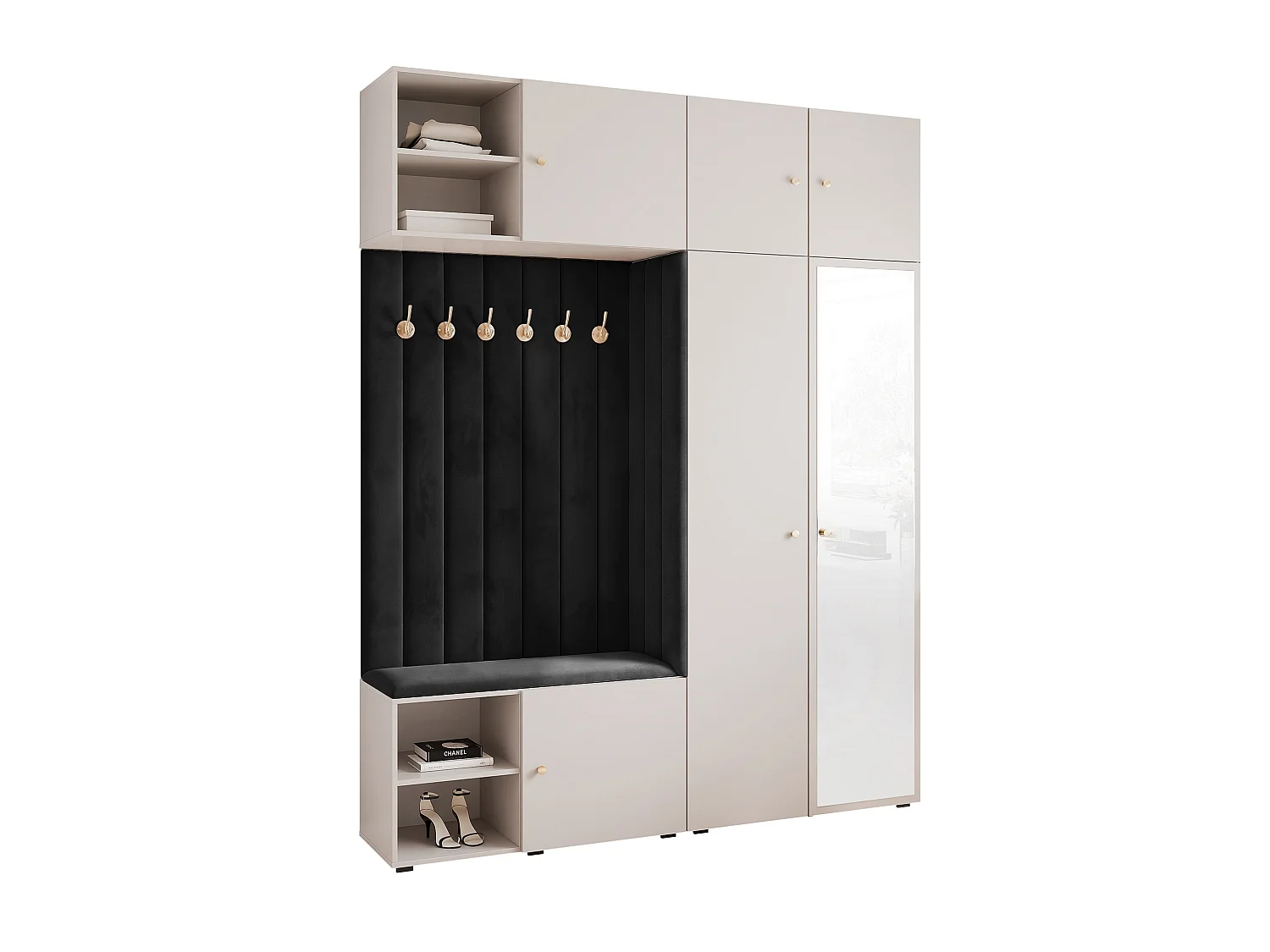 Vestiaire ARIA 4 190 cm Cachemire Rembourré Noir avec Miroir Soft-Close Poignées bouton Doré