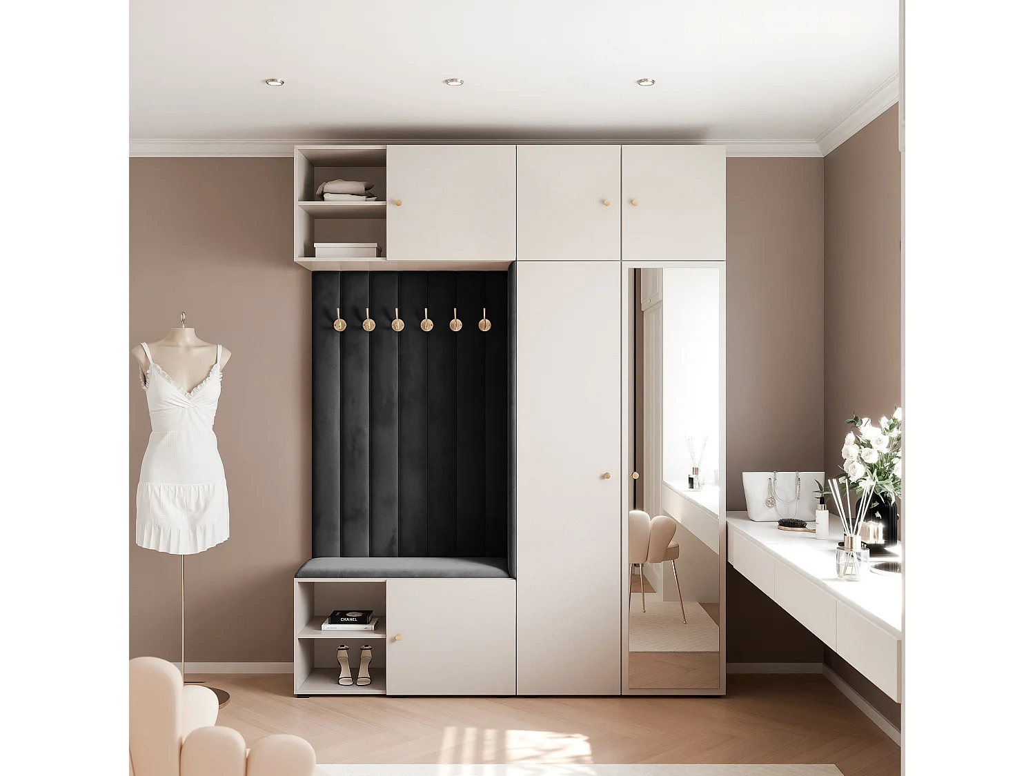 Vestiaire ARIA 4 190 cm Cachemire Rembourré Noir avec Miroir Soft-Close Poignées bouton Doré