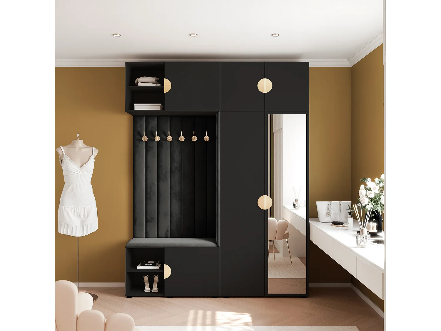 Garderobe Aria 190 cm Zwart Gestoffeerd Zwart Soft-Close Grepen Goud