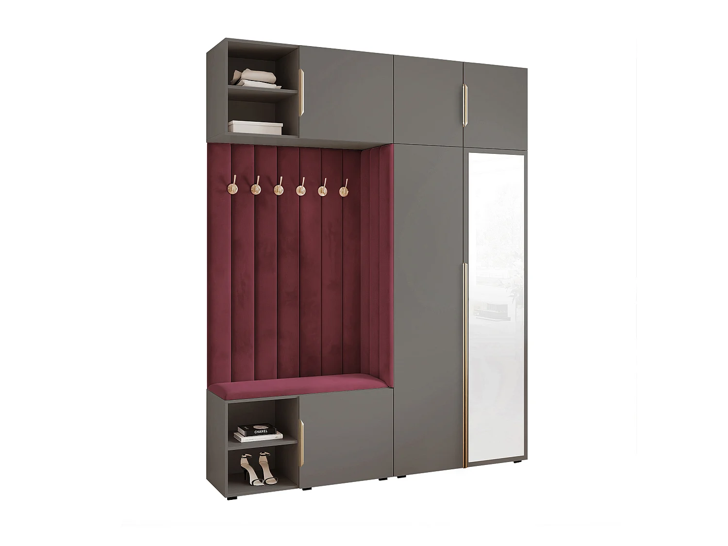Vestiaire ARIA 4 190 cm Gris Rembourré Bordeaux avec Miroir Soft-Close Poignées Hexa Doré