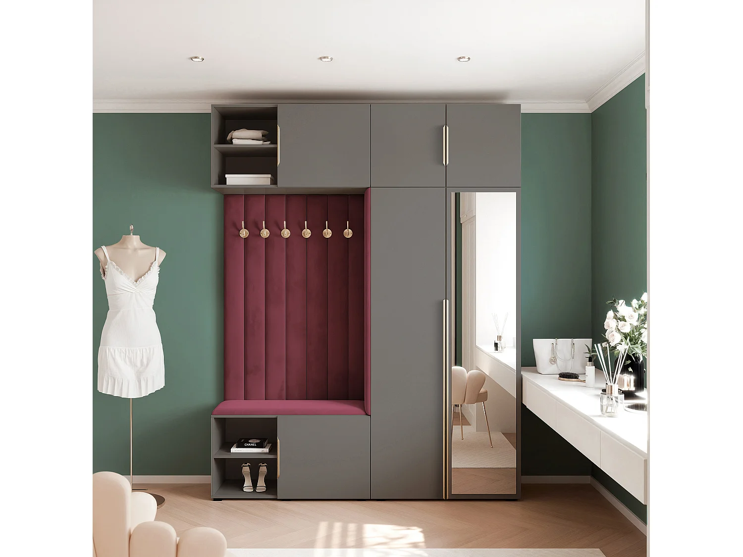 Vestiaire ARIA 4 190 cm Gris Rembourré Bordeaux avec Miroir Soft-Close Poignées Hexa Doré