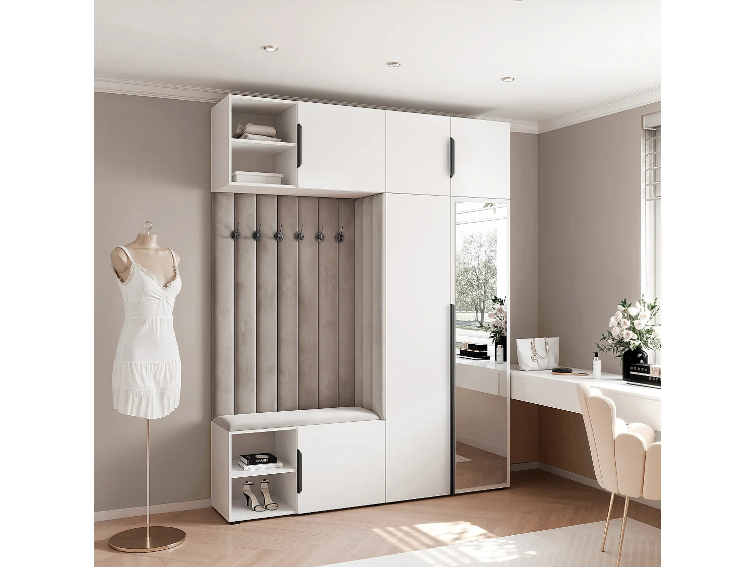 Garderobe Aria 190 cm Wit Gestoffeerd Lichtgrau Soft-Close Grepen Zwart