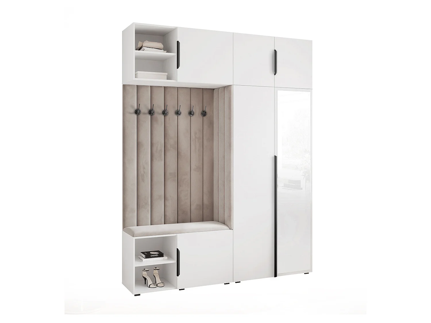 Garderobe Aria 190 cm Wit Gestoffeerd Lichtgrau Soft-Close Grepen Zwart