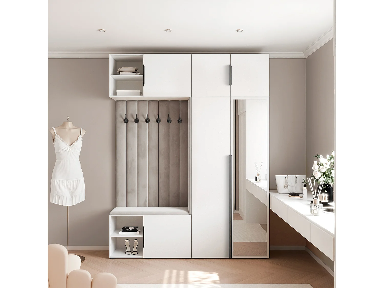 Garderobe Aria 190 cm Wit Gestoffeerd Lichtgrau Soft-Close Grepen Zwart