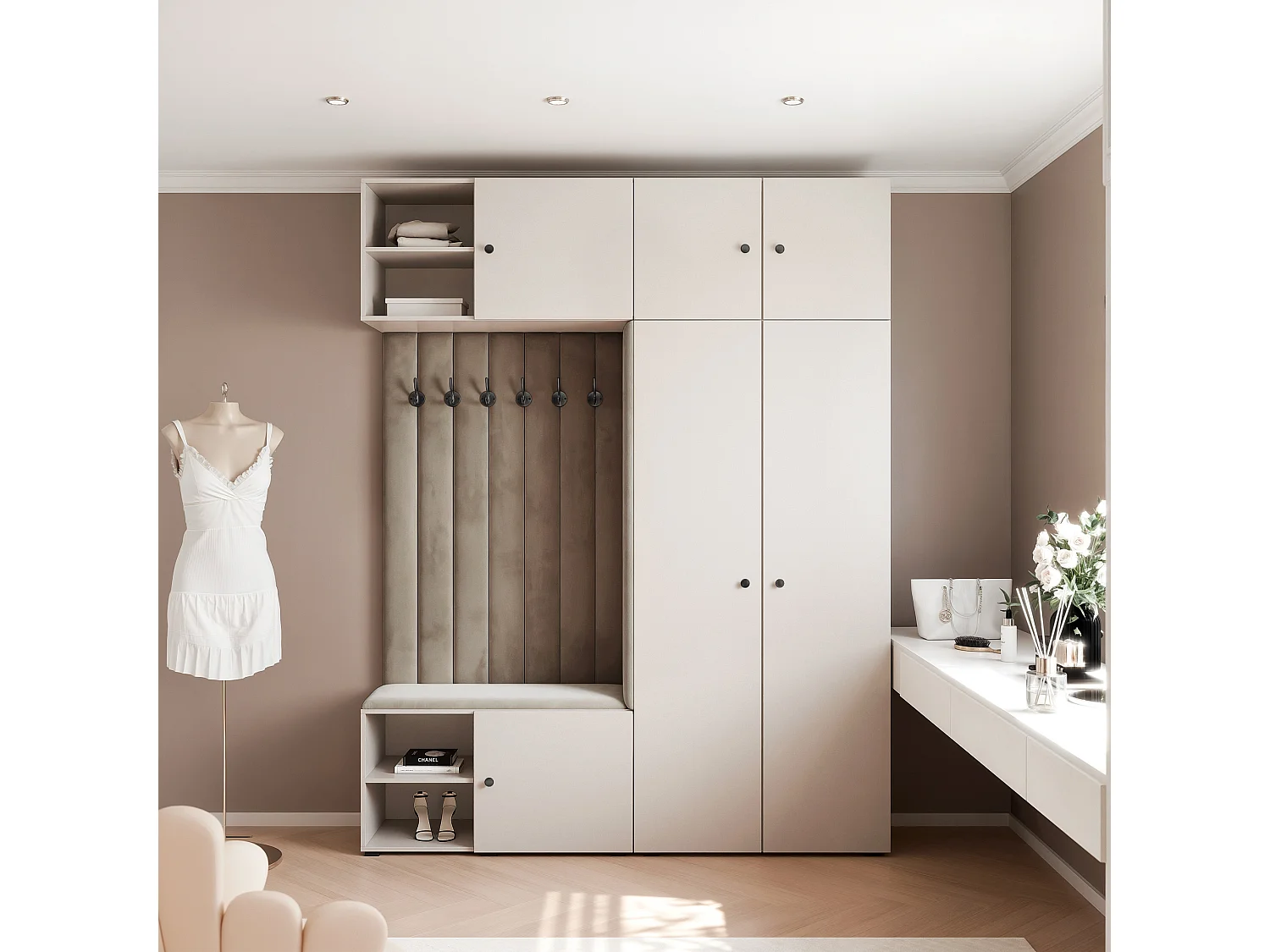 Vestiaire ARIA 4 190 cm Cachemire Rembourré Taupe Soft-Close Poignées bouton Noir