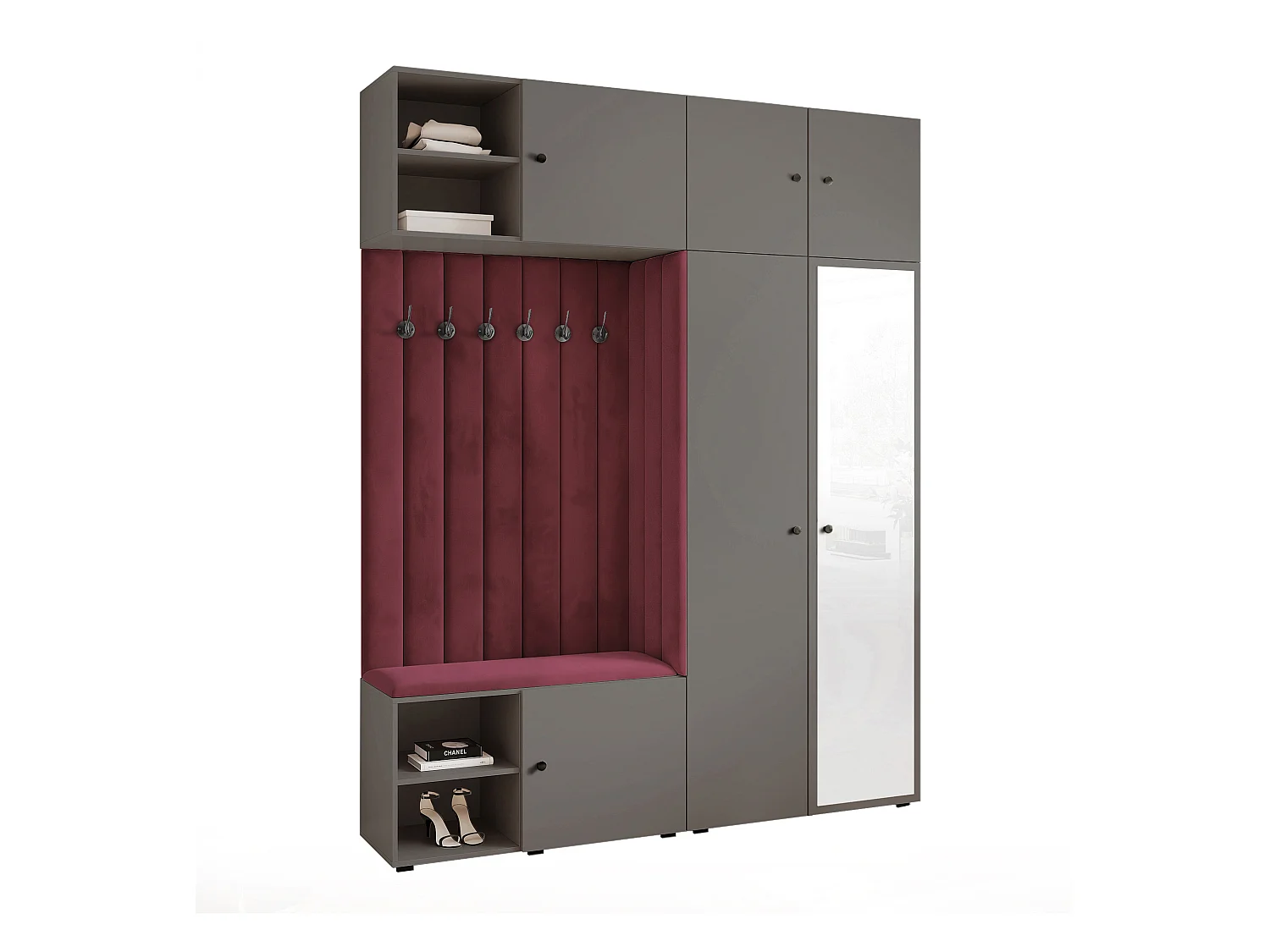 Vestiaire ARIA 4 190 cm Gris Rembourré Bordeaux avec Miroir Soft-Close Poignées bouton Noir