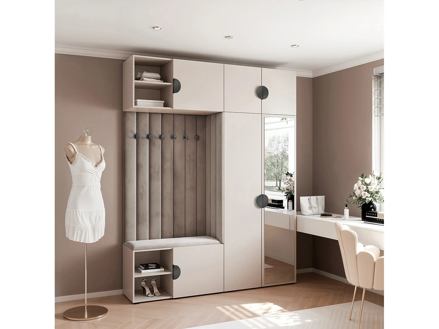 Garderobe Aria 190 cm Kaschmir Gepolstert Mausgrau Soft-Close Griffe Schwarz