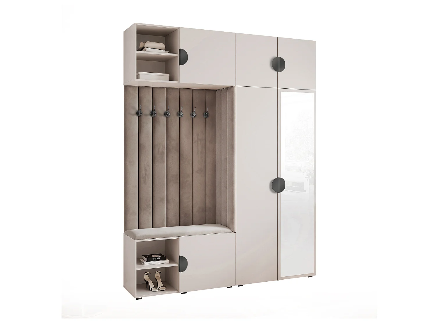 Garderobe Aria 190 cm Kaschmir Gepolstert Mausgrau Soft-Close Griffe Schwarz