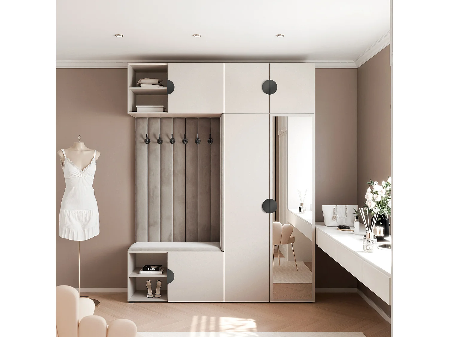 Garderobe Aria 190 cm Kaschmir Gepolstert Mausgrau Soft-Close Griffe Schwarz
