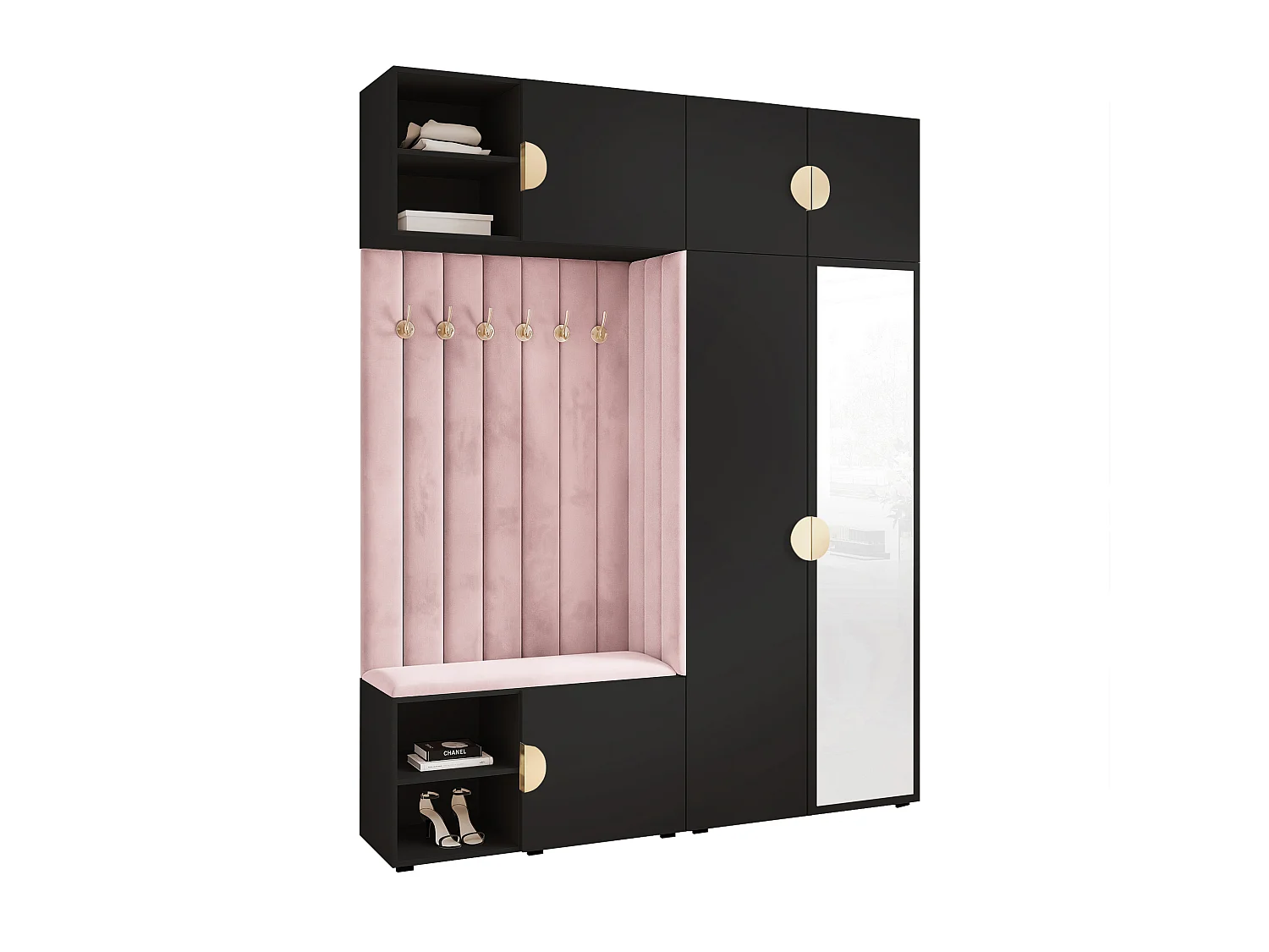 Garderobe Aria 190 cm Zwart Gestoffeerd Roze Soft-Close Grepen Goud
