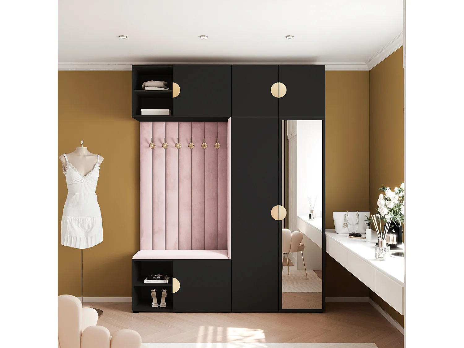 Garderobe Aria 190 cm Zwart Gestoffeerd Roze Soft-Close Grepen Goud