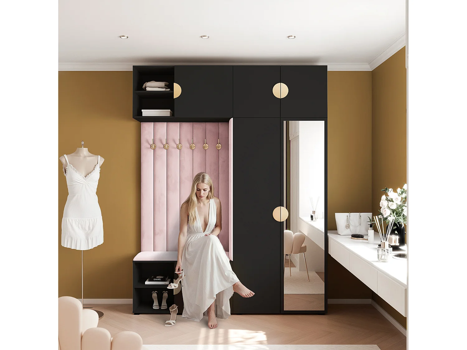 Garderobe Aria 190 cm Zwart Gestoffeerd Roze Soft-Close Grepen Goud