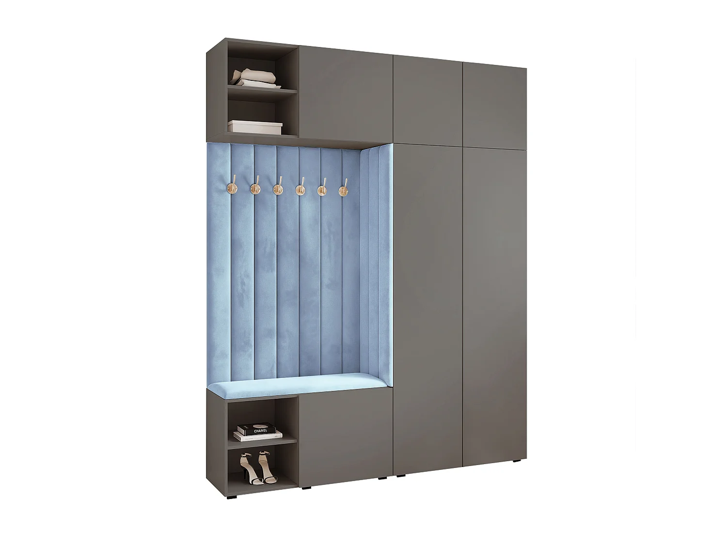 Garderobe Aria 190 cm Grijs Gestoffeerd Lichtblauw Soft-Close Push-to-Open