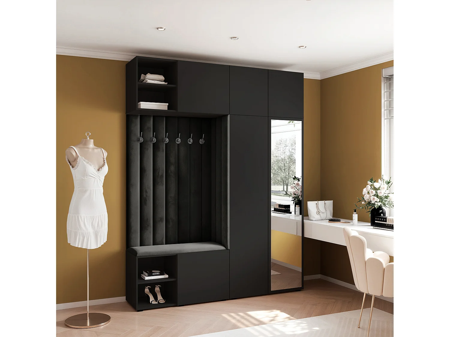 Garderobe Aria 190 cm Zwart Gestoffeerd Zwart Soft-Close Push-to-Open