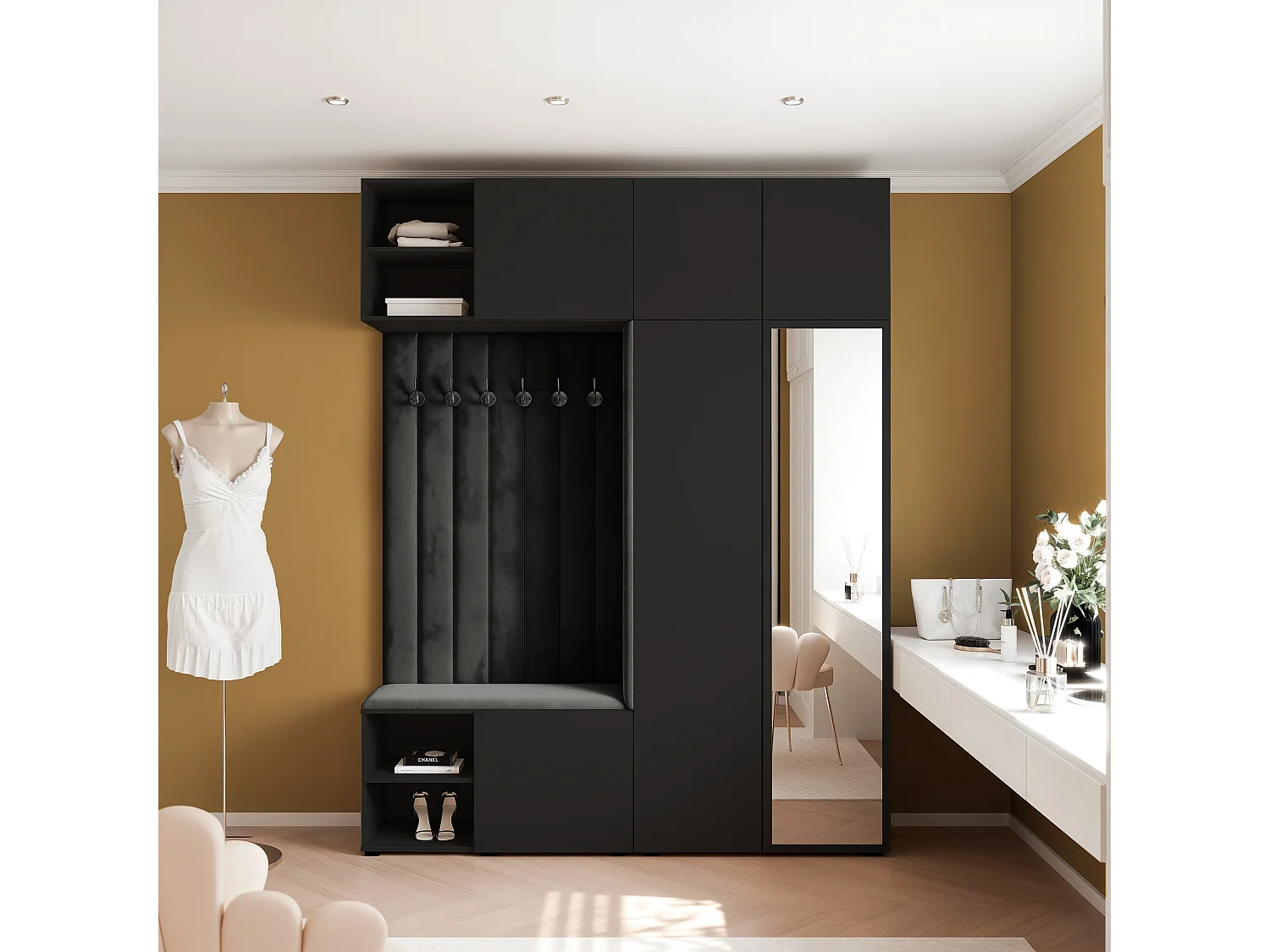 Garderobe Aria 190 cm Zwart Gestoffeerd Zwart Soft-Close Push-to-Open