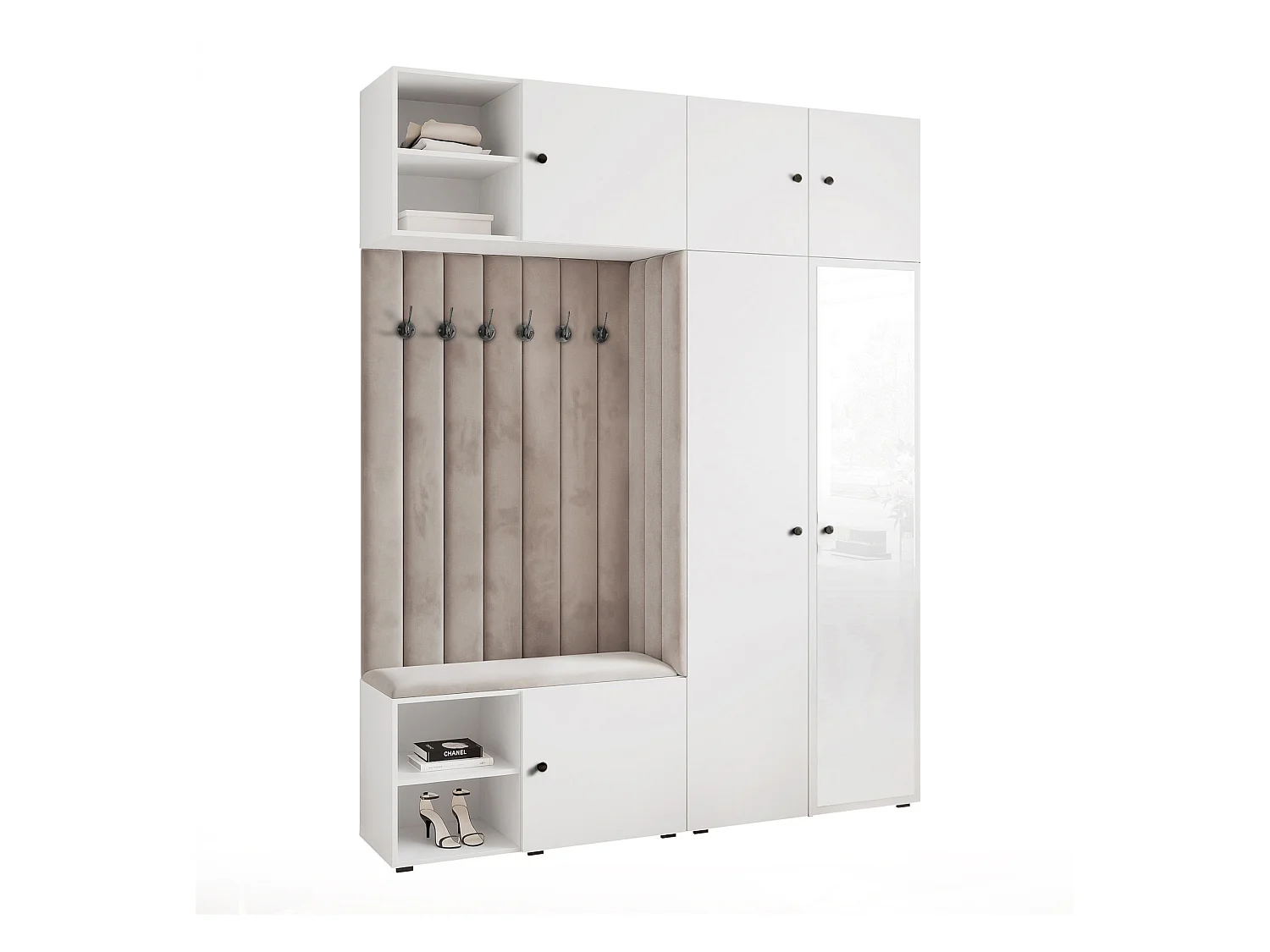 Vestiaire ARIA 4 190 cm Blanc Rembourré Gris Clair avec Miroir Soft-Close Poignées bouton Noir