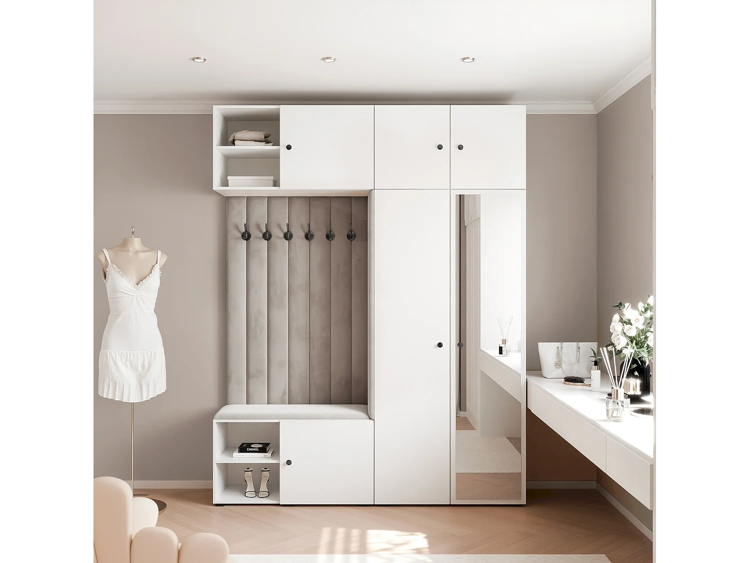 Vestiaire ARIA 4 190 cm Blanc Rembourré Gris Clair avec Miroir Soft-Close Poignées bouton Noir