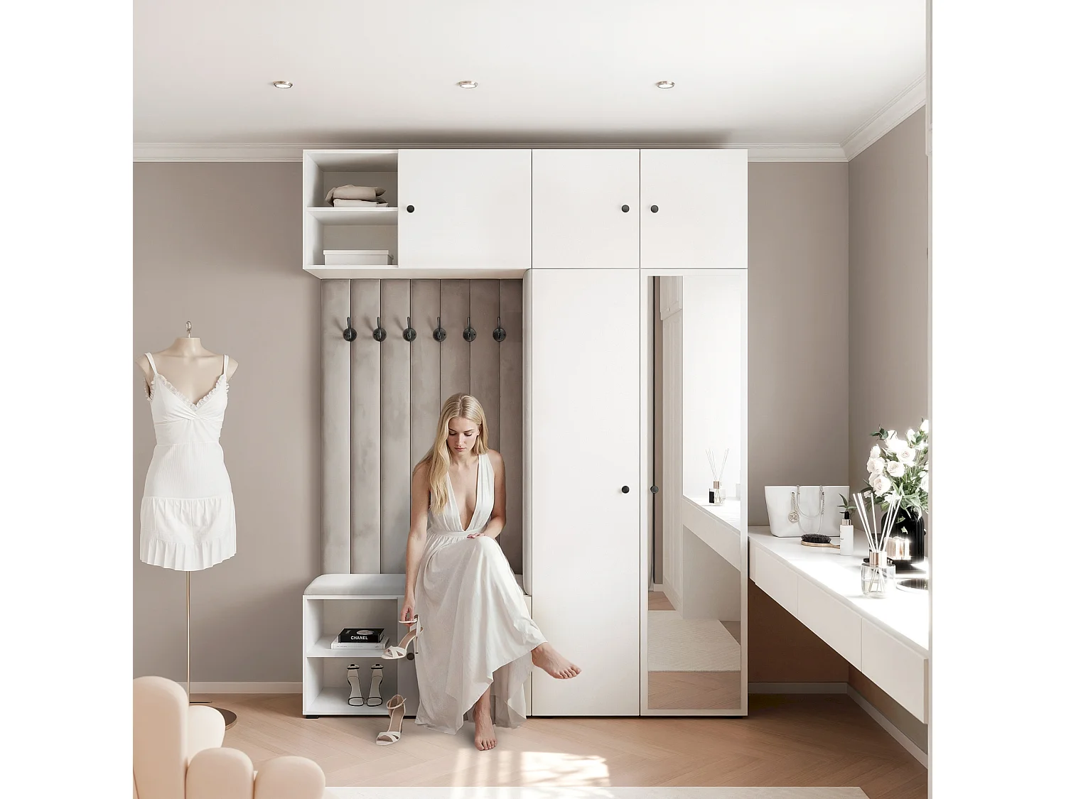 Vestiaire ARIA 4 190 cm Blanc Rembourré Gris Clair avec Miroir Soft-Close Poignées bouton Noir
