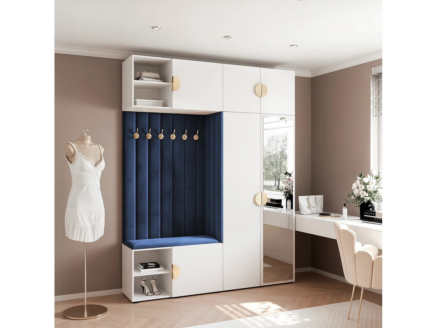 Garderobe Aria 190 cm Wit Gestoffeerd Atlantisch Blauw Soft-Close Grepen Goud