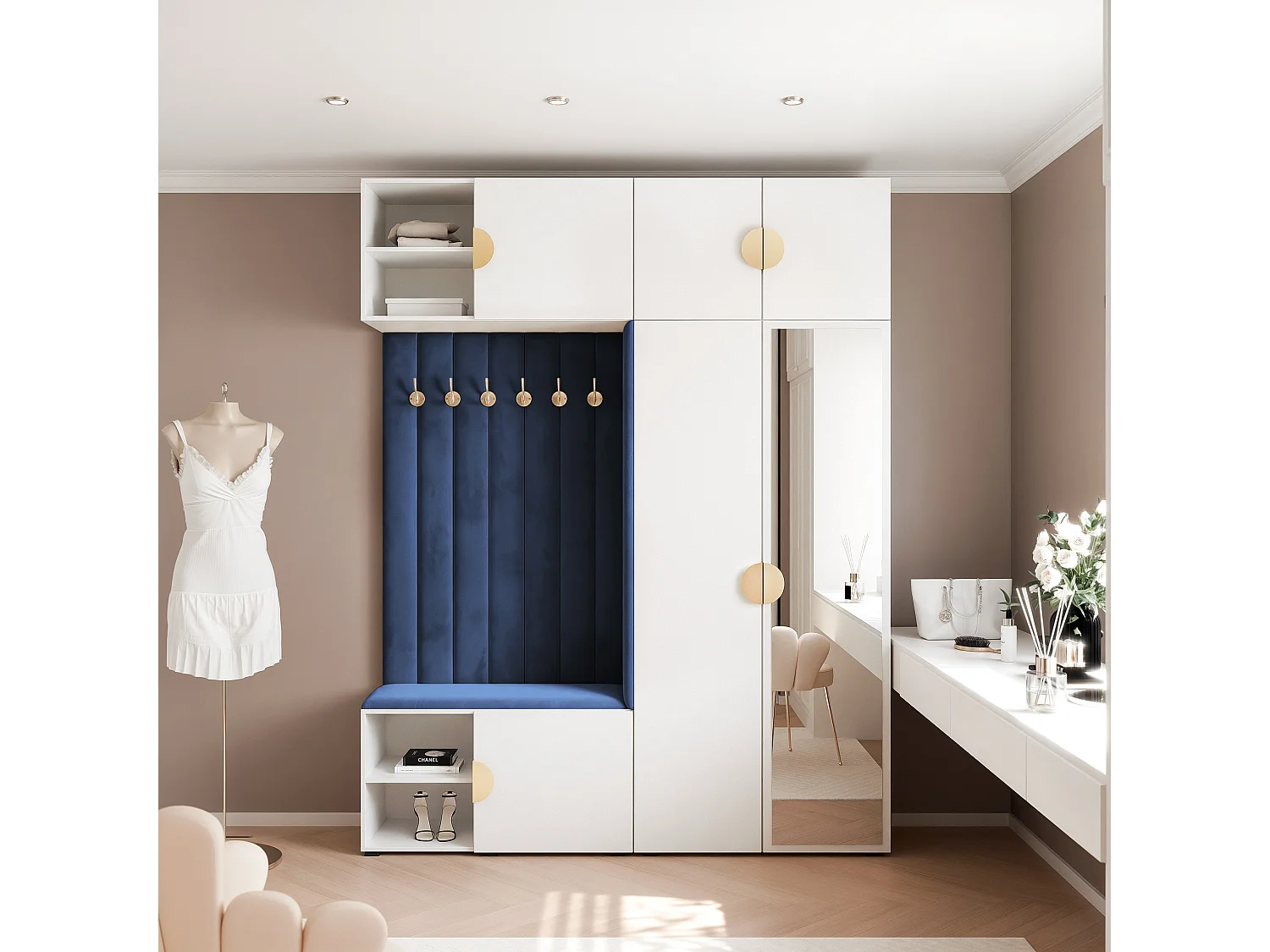 Garderobe Aria 190 cm Wit Gestoffeerd Atlantisch Blauw Soft-Close Grepen Goud
