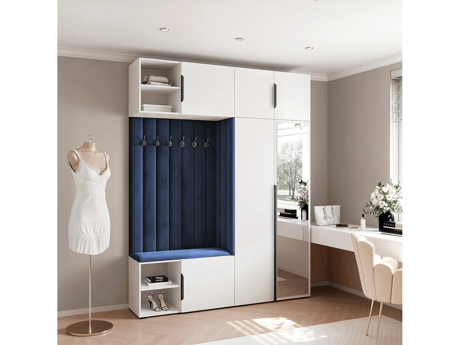 Garderobe Aria 190 cm Wit Gestoffeerd Atlantisch Blauw Soft-Close Grepen Zwart