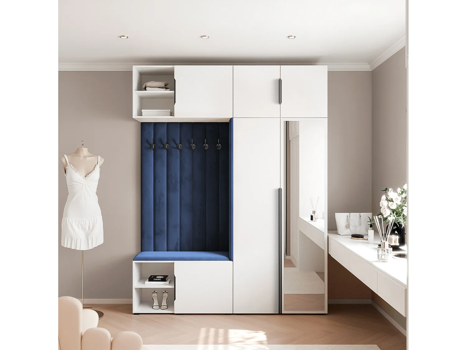 Garderobe Aria 190 cm Wit Gestoffeerd Atlantisch Blauw Soft-Close Grepen Zwart