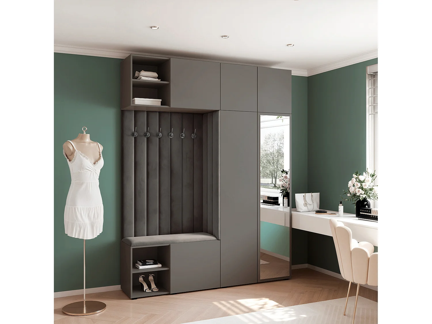 Garderobe Aria 190 cm Grijs Gestoffeerd Antraciet Soft-Close Push-to-Open