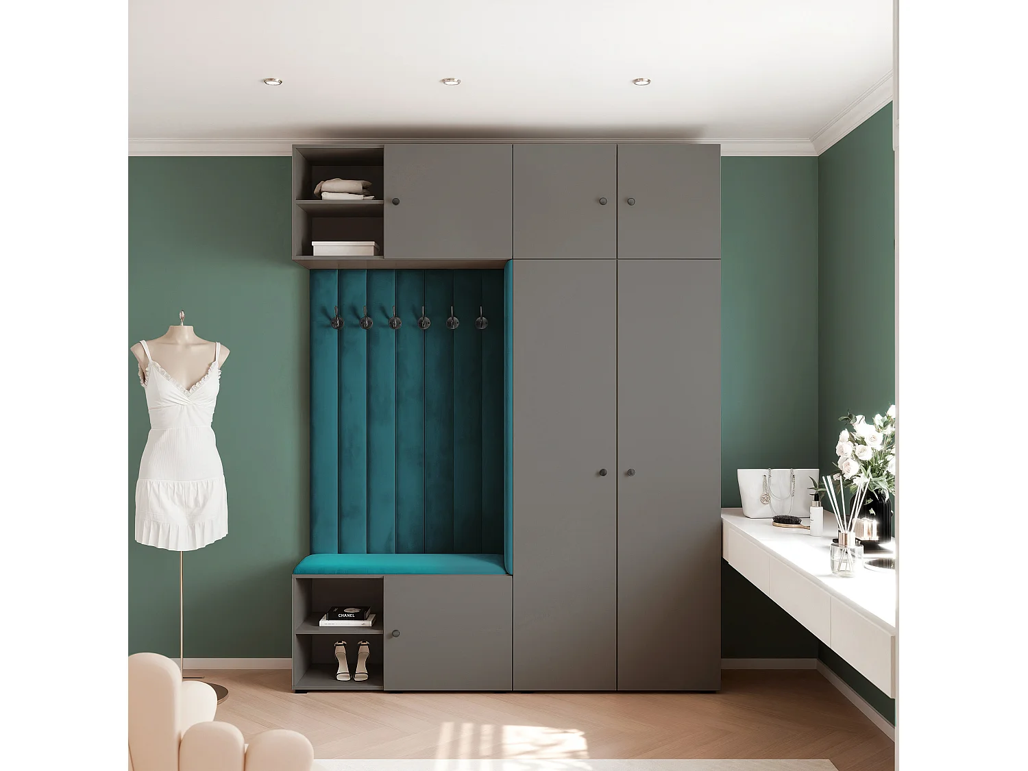 Vestiaire ARIA 4 190 cm Gris Rembourré Bleu Marine Soft-Close Poignées bouton Noir