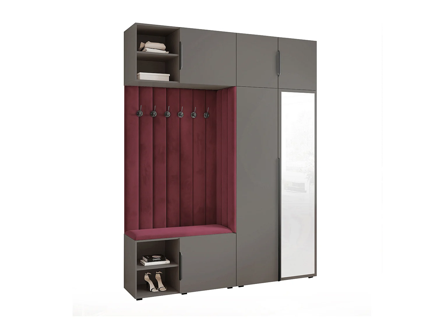 Vestiaire ARIA 4 190 cm Gris Rembourré Bordeaux avec Miroir Soft-Close Poignées Hexa Noir