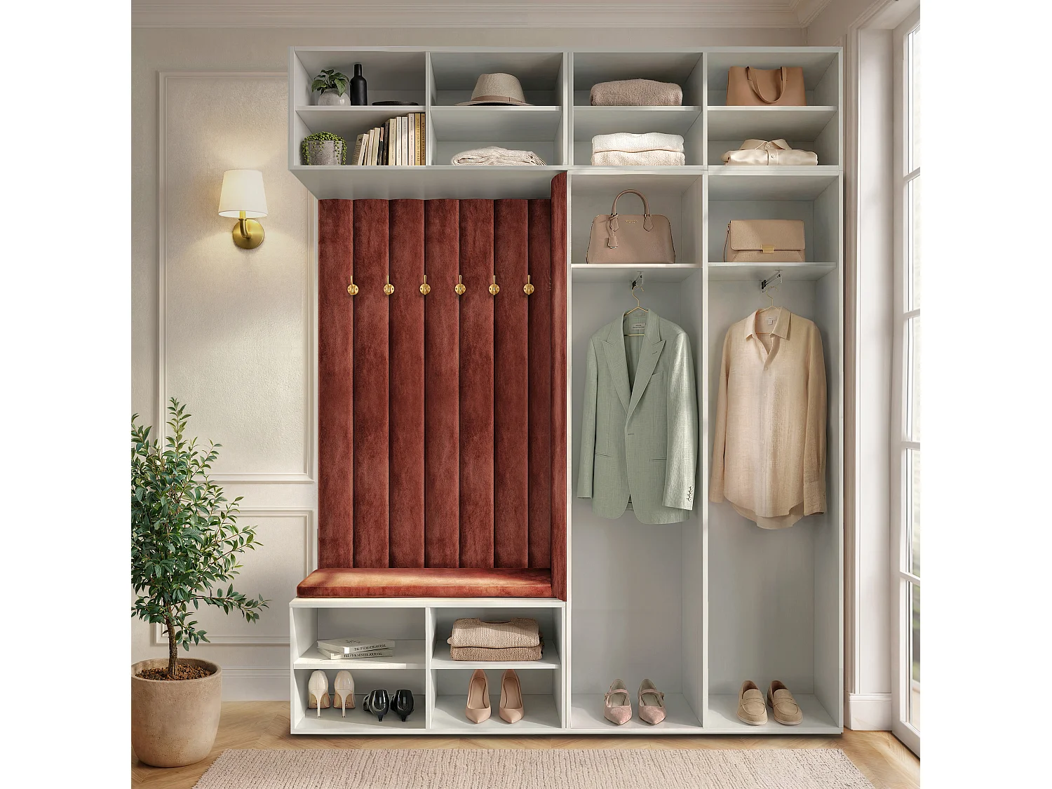Vestiaire ARIA 4 190 cm Gris Rembourré Bordeaux avec Miroir Soft-Close Poignées Hexa Noir