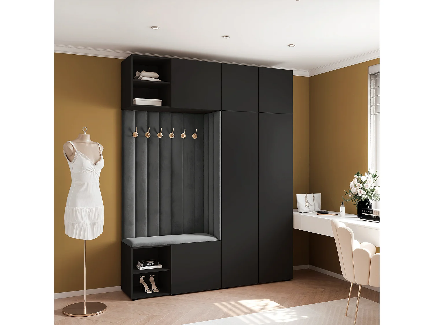 Garderobe Aria 190 cm Zwart Gestoffeerd Grafiet Soft-Close Push-to-Open
