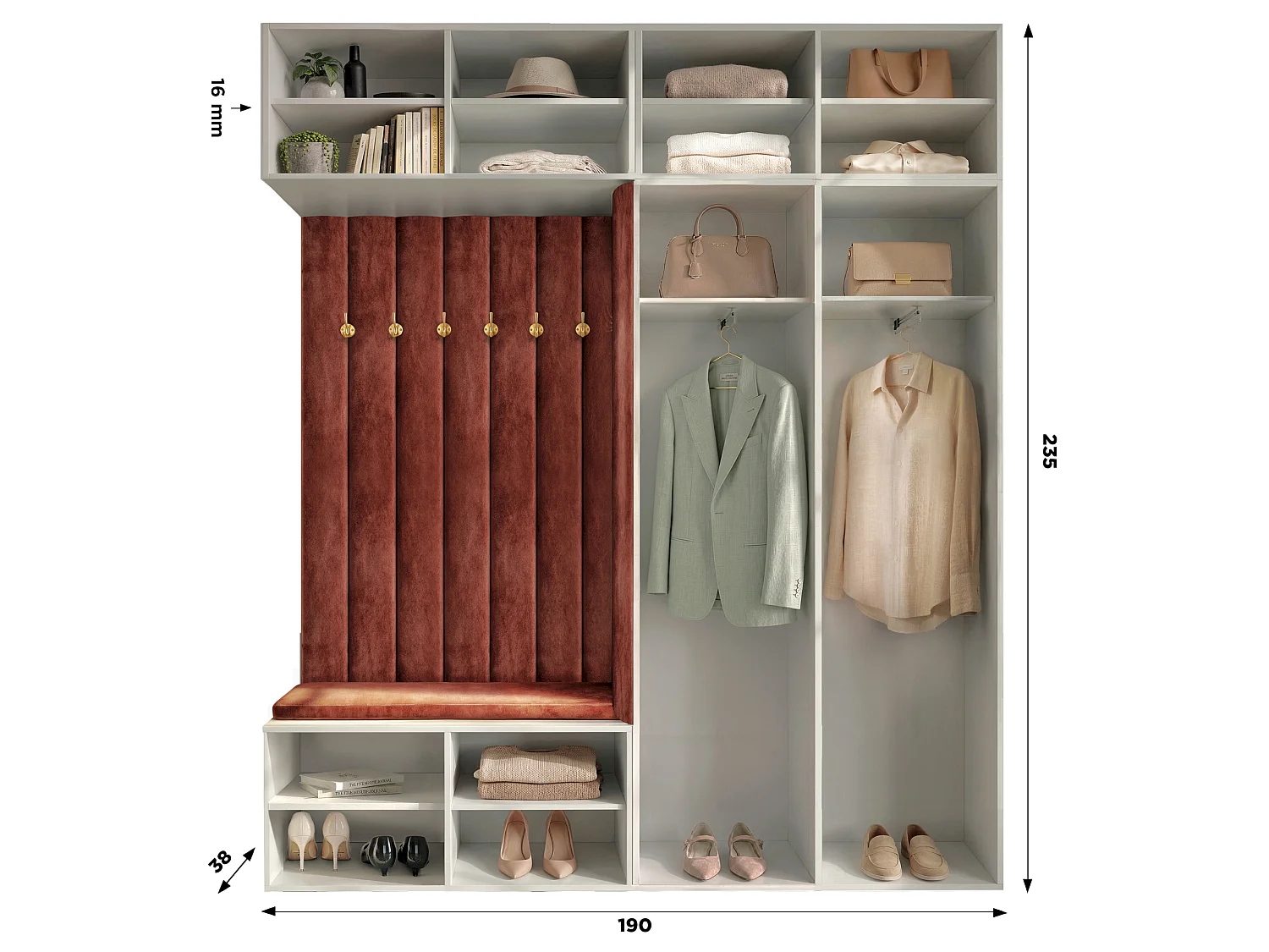 Garderobe Aria 190 cm Zwart Gestoffeerd Grafiet Soft-Close Push-to-Open