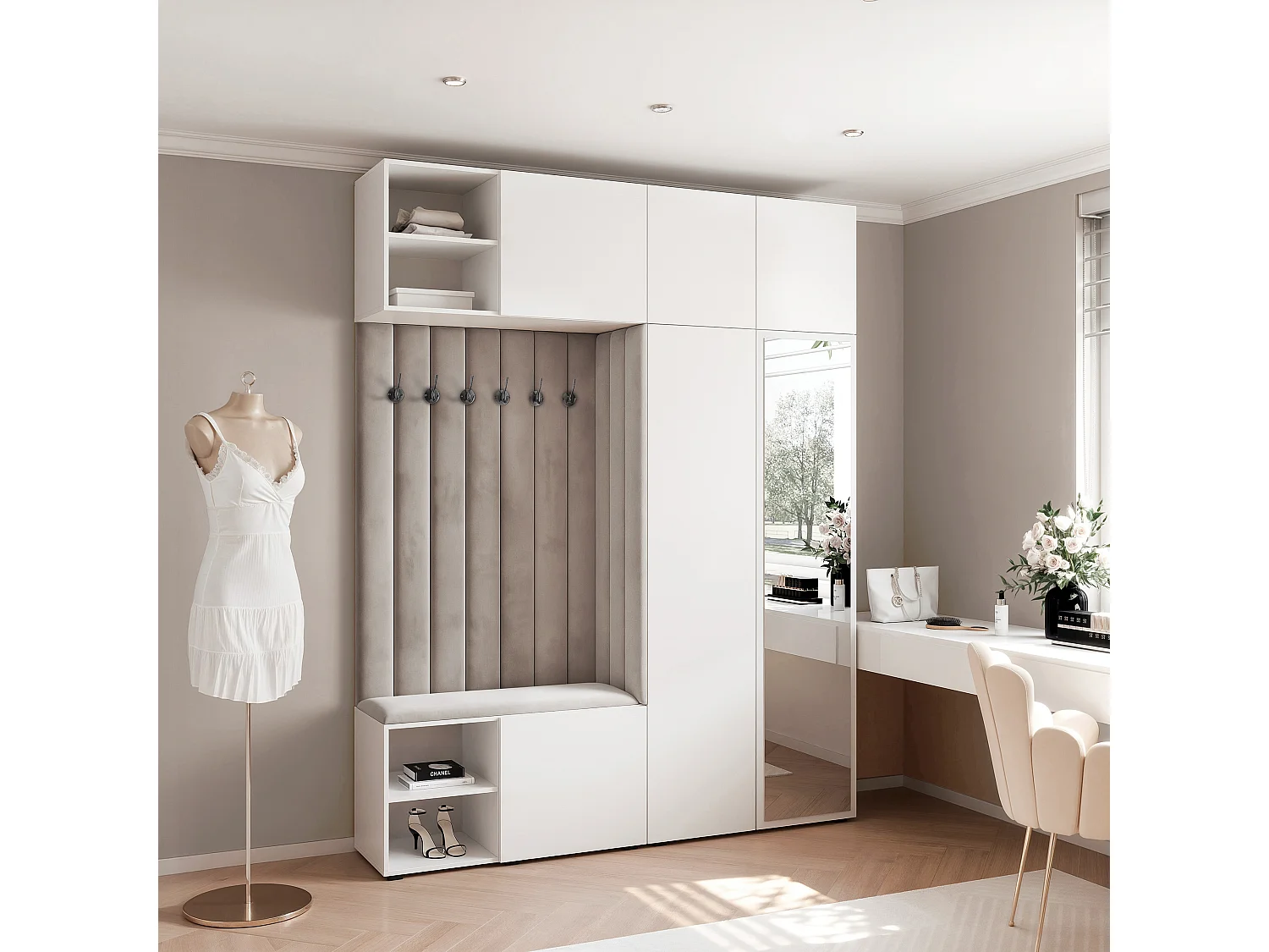 Garderobe Aria 190 cm Wit Gestoffeerd Lichtgrau Soft-Close Push-to-Open