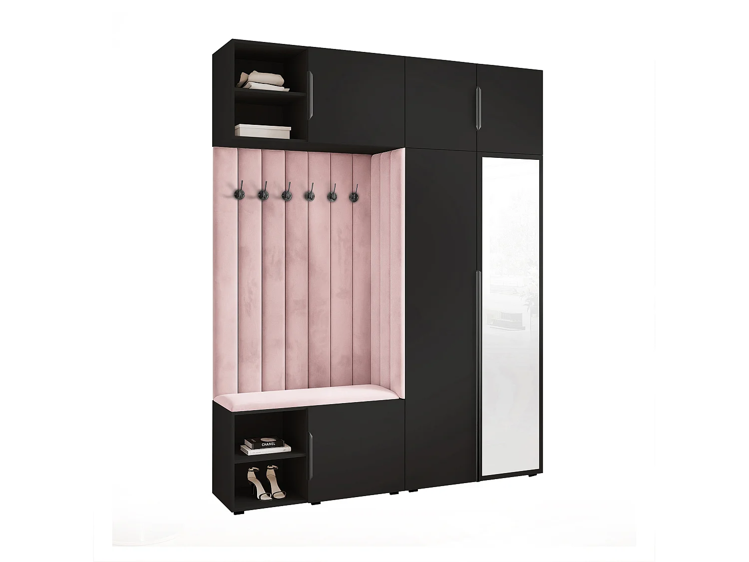 Vestiaire ARIA 4 190 cm Noir Rembourré Rose avec Miroir Soft-Close Poignées Hexa Noir