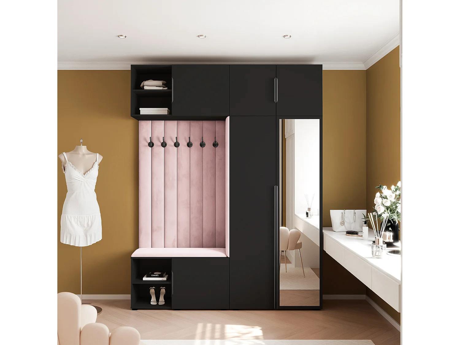Vestiaire ARIA 4 190 cm Noir Rembourré Rose avec Miroir Soft-Close Poignées Hexa Noir
