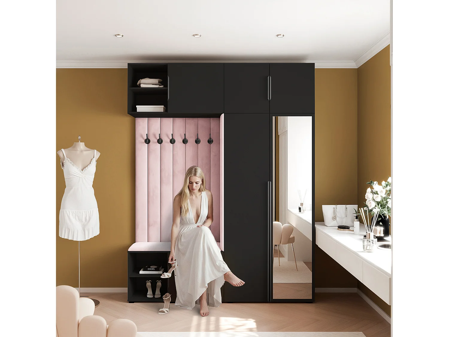 Vestiaire ARIA 4 190 cm Noir Rembourré Rose avec Miroir Soft-Close Poignées Hexa Noir