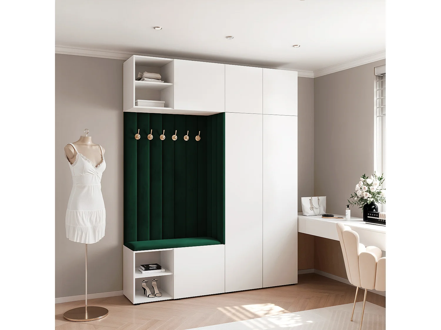 Garderobe Aria 190 cm Wit Gestoffeerd Donkergroen Soft-Close Push-to-Open