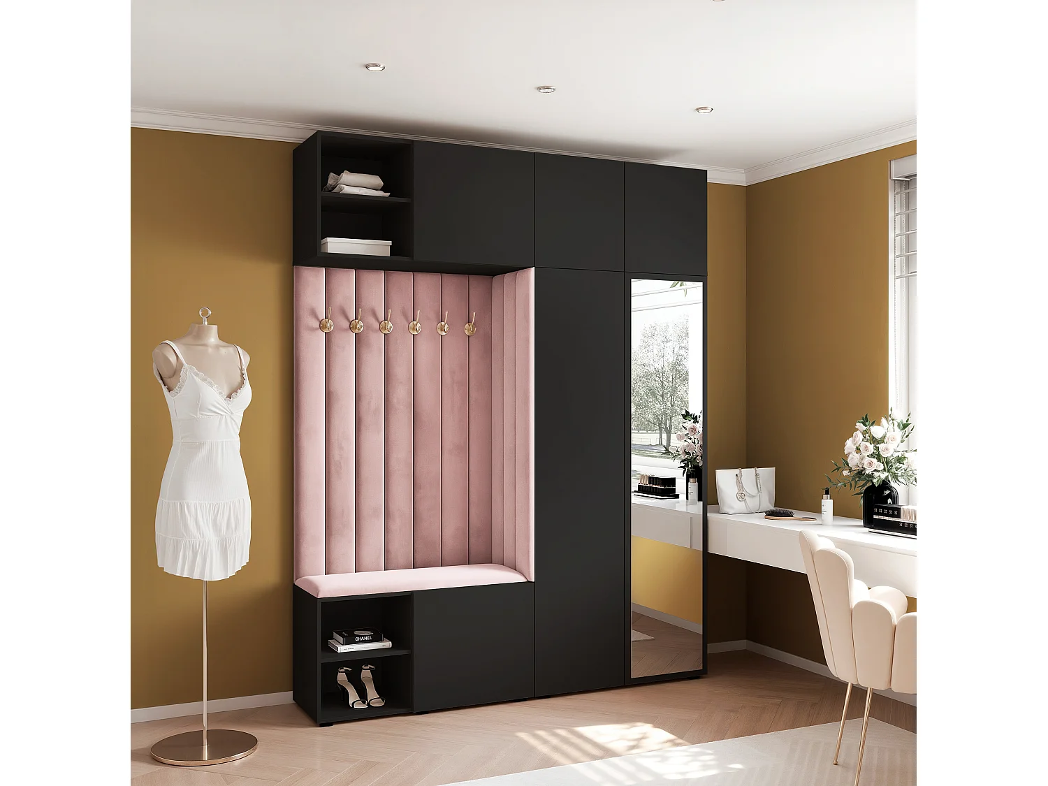 Garderobe Aria 190 cm Zwart Gestoffeerd Roze Soft-Close Push-to-Open