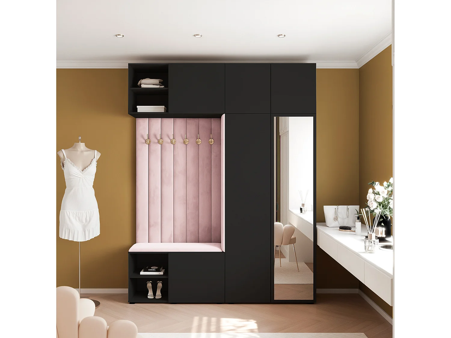 Garderobe Aria 190 cm Zwart Gestoffeerd Roze Soft-Close Push-to-Open