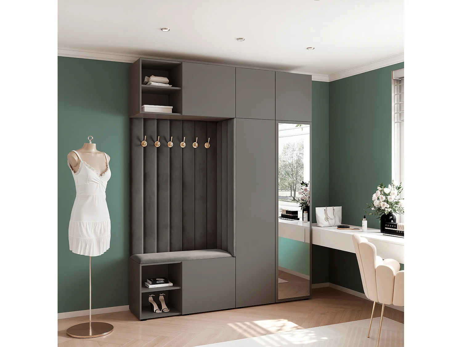 Garderobe Aria 190 cm Grijs Gestoffeerd Antraciet Soft-Close Push-to-Open