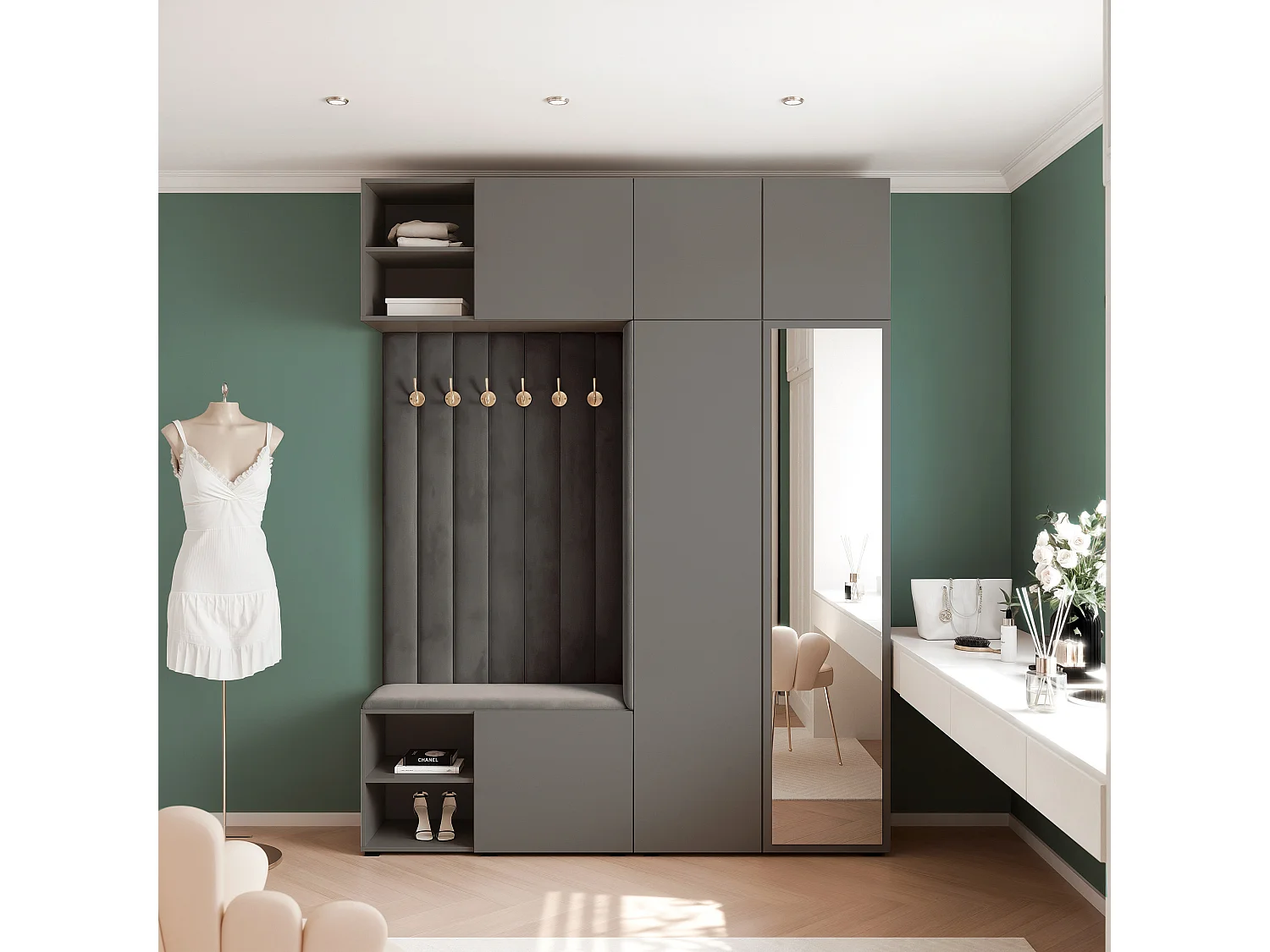 Garderobe Aria 190 cm Grijs Gestoffeerd Antraciet Soft-Close Push-to-Open