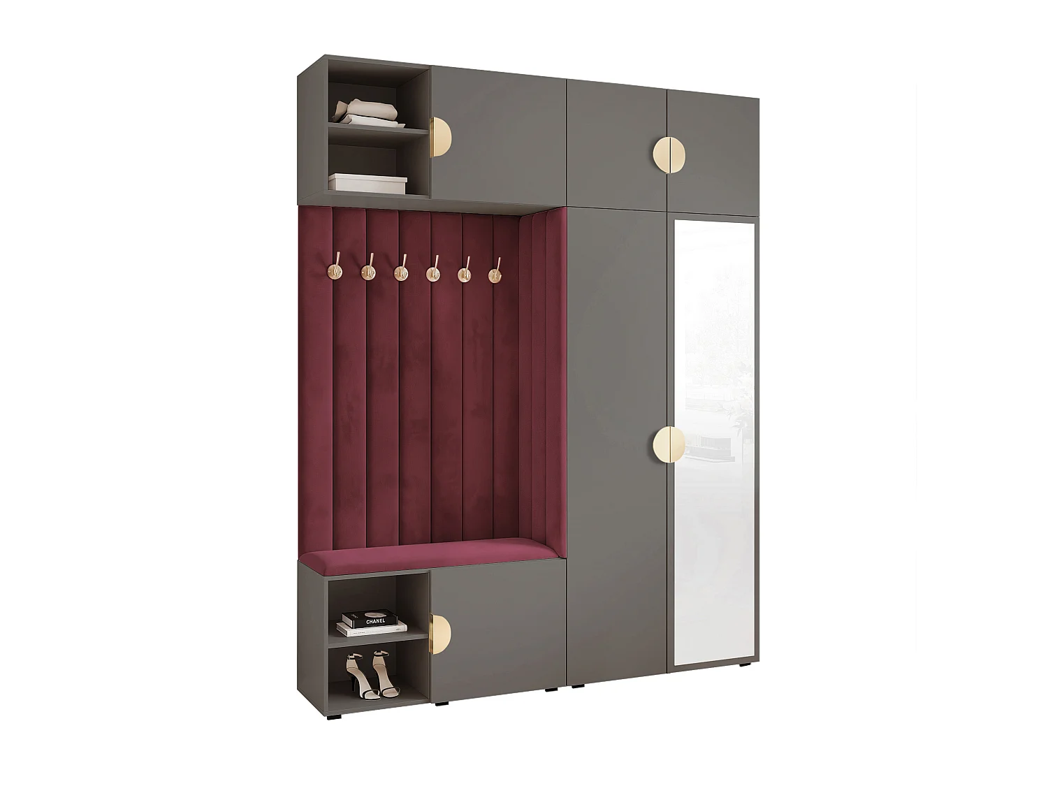Vestiaire ARIA 4 190 cm Gris Rembourré Bordeaux avec Miroir Soft-Close Poignées Moon Doré